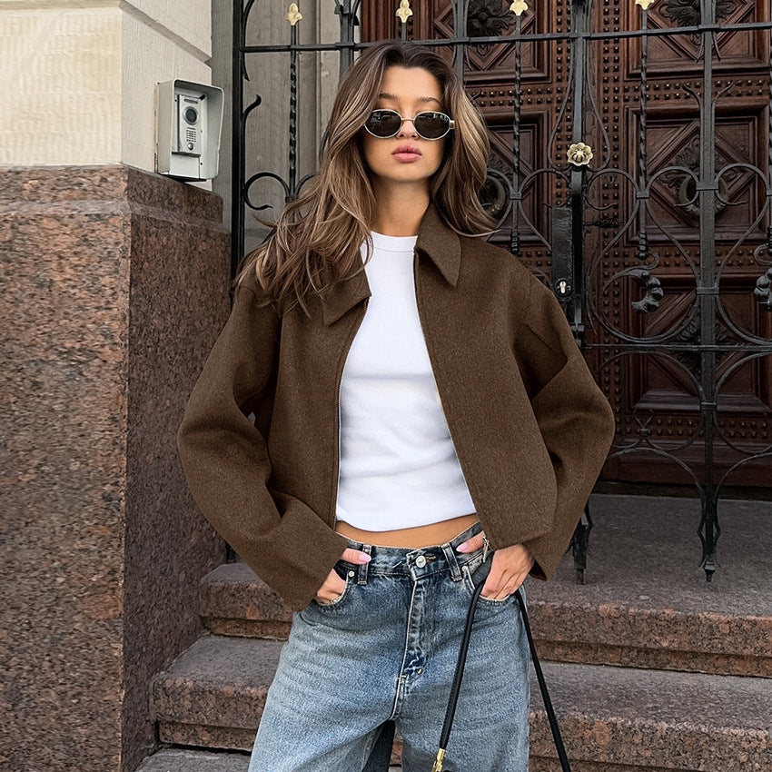 Polo Collar Long Sleeve Zipper Woolen  Casual Women Jacket