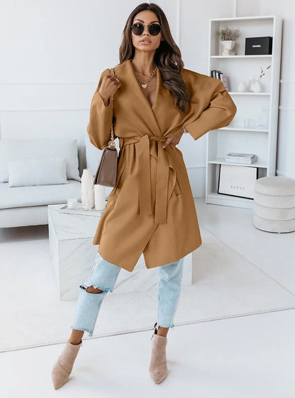 New Long Sleeved Woolen Coat With Strap Outerwear
