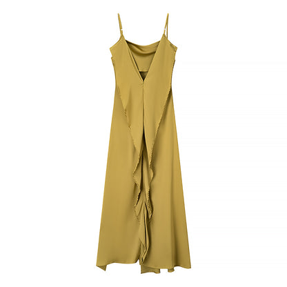 Silk Drop Backed Olive Camisole Slit Dress