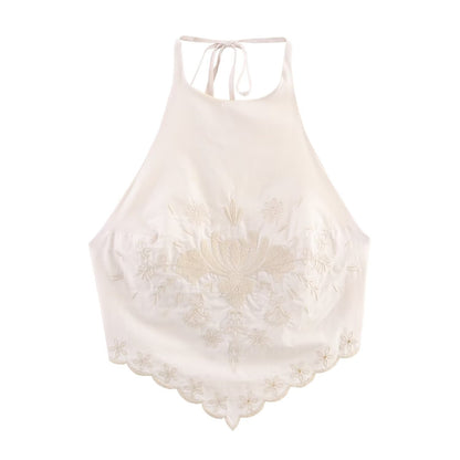 Women Clothing Summer Embroidered Poplin Strap Top