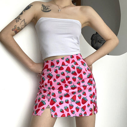 Summer World Bank Cherry Print High Waist Sheath Girl Split Skirt for Women