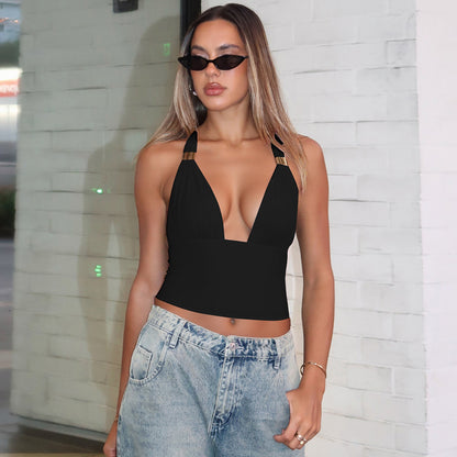 Women Clothing Summer Sexy Deep V Plunge Metal Decoration Halter Backless Slim Fit Tied Tube Top