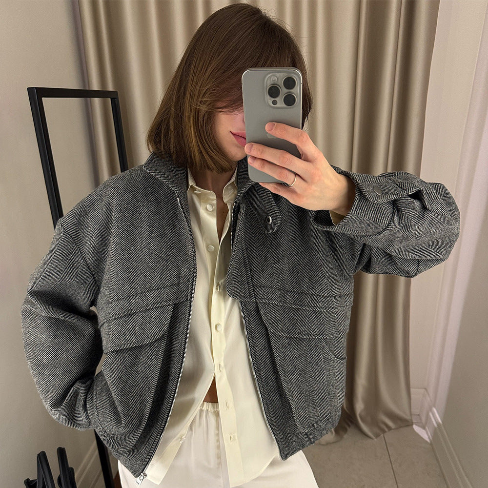 Herringbone Pattern Stand Collar Jacket
