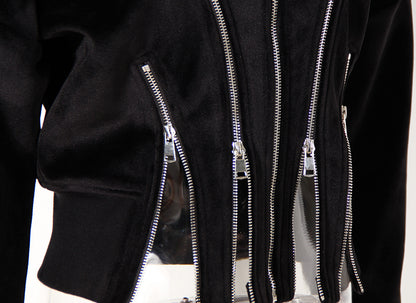 Black Velvet Hooded Multi Metal Zipper Sweater