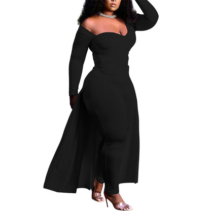 Plus Size Sexy Casual Wrapped Chest Irregular Asymmetric Blouse Pants Solid Color Two-Piece Set