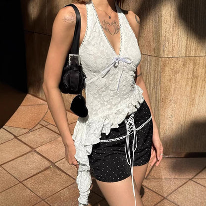 Sexy Lace Deep V Plunge neck Ruffled Ribbon Slim Irregular Asymmetric Vest Women Vacation Backless Halter Small Sling
