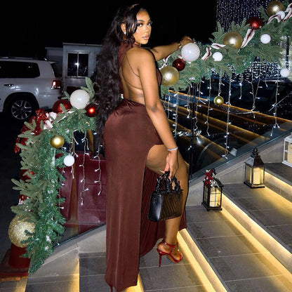 Backless Split Sexy Solid Color Evening Dress