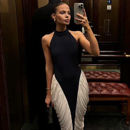 Elegant Draped Evening Contrast Color Dress