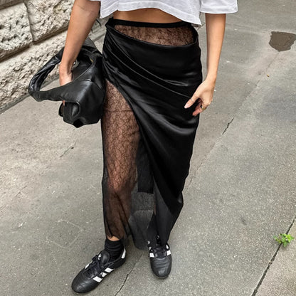Black Sexy Lace Patchwork See through Satin Skirt Spring Summer Women