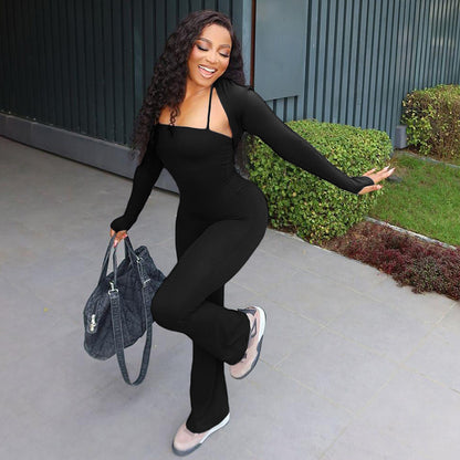 Winter Women Clothing Casual Long Sleeve Blouse Solid Color Tube Top Tight Jumpsuit Two Piece Set