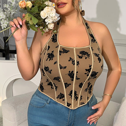 Plus Size Women Sexy Brown Vintage Printed Halter Spaghetti Straps Top Sexy Vest