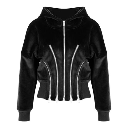 Black Velvet Hooded Multi Metal Zipper Sweater
