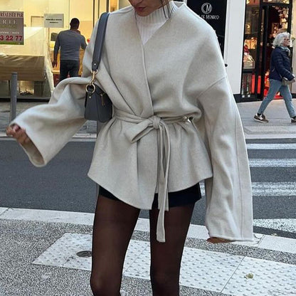 Lady Solid Color Bell Sleeve Belt Trench Coat Women Clothing