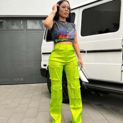 Casual Women Solid Color Multi Pocket Workwear Trousers