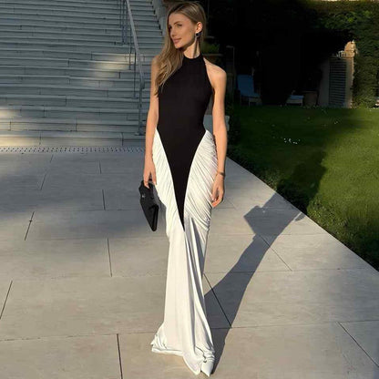 Elegant Draped Evening Contrast Color Dress