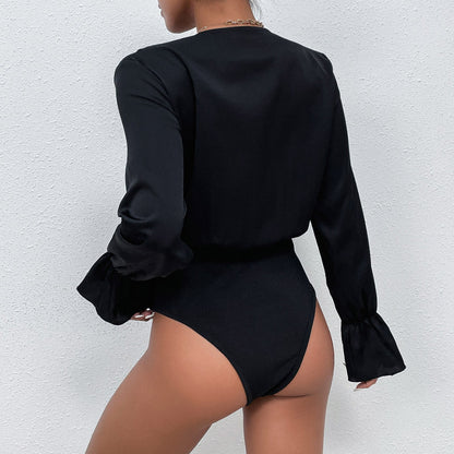 Women Clothing Spring Black Long Sleeve Tight Jumpsuit