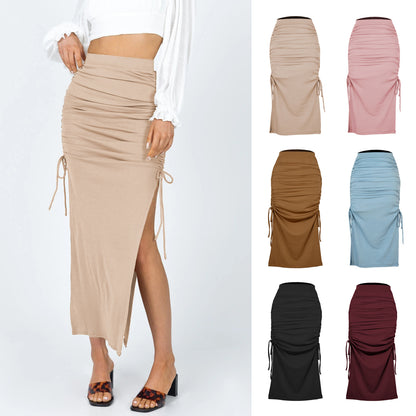 Slit Knitted Slim Skirt Pleated Tie Sexy Sheath Women Clothing Skirt