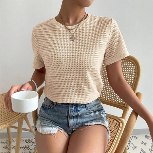 Spring Summer Simple All Match Loose round Neck Short Sleeve Knitted T shirt