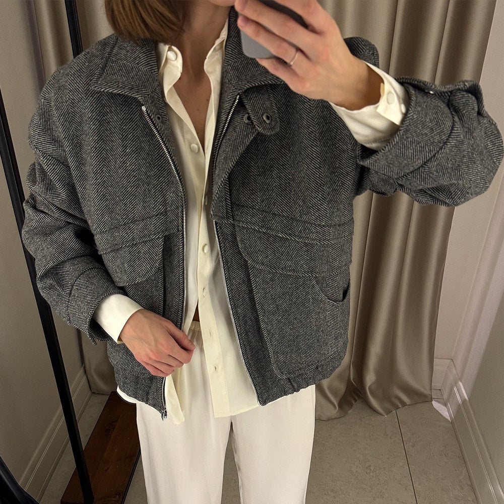 Herringbone Pattern Stand Collar Jacket