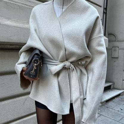Lady Solid Color Bell Sleeve Belt Trench Coat Women Clothing