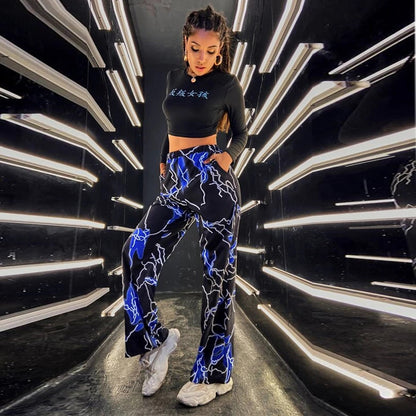 Summer Women Sport Pants Trousers Printed Lightning Casual Dance Straight Wide Leg Pants Women