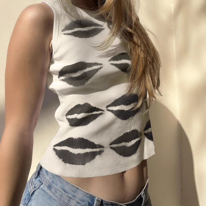 Street Hip Hop Personality Lip Printings Slim Fit Short Vest Sexy Exposed Cropped Casual Top