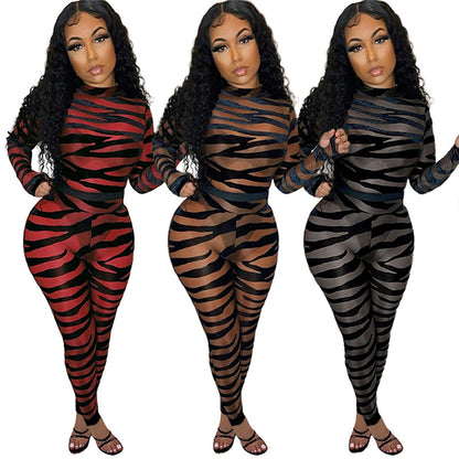 Women Clothing Striped Printed Sheer Mesh Sexy Jumpsuit