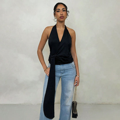 Women Clothing Summer Chic Halter Backless Small Sling Deep V Plunge Chic Top