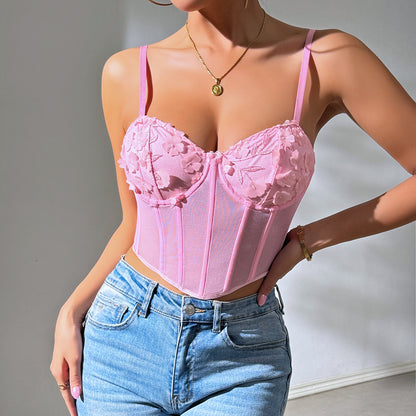 Street See through Mesh Patchwork Butterfly Decoration Sexy Boning Corset Steel Ring Chest Flattering Sling