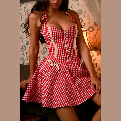 Sexy Halter Gingerbread Lace up Plaid Dress