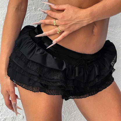 Sexy Street Sexy Skirt Solid Color Satin Stitching Multi Layer Tiered Dress Low Waist Skirt