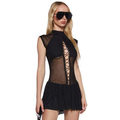 Lace up Cutout Roped Mesh Pleated Dress
