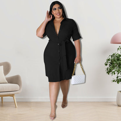 Autumn Solid Color Short Sleeve Shirt Dress