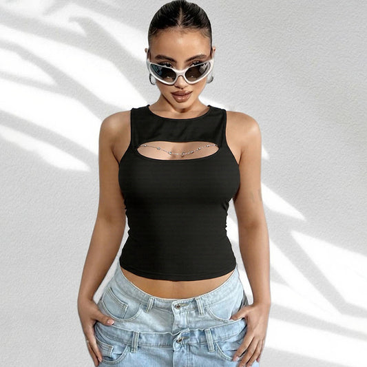 Summer Women Clothing Personality Chain Slim Fit Patchwork Sexy Cutout round Neck T shirt Vest for Women