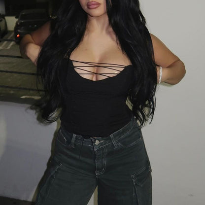 Hip Hop Street Niche Personality V neck Cross Hollow Out Cutout out Strap Sexy Tube Top