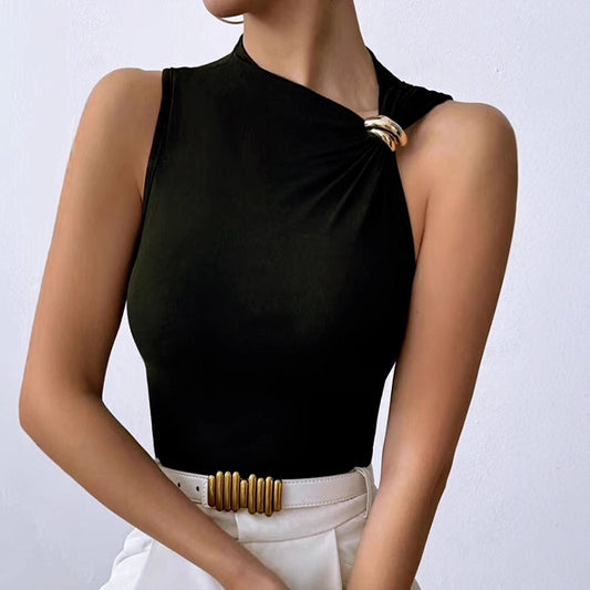 Summer Simple Graceful Sleeveless Metal Ring Design Solid Color Slimming Vest Top Women