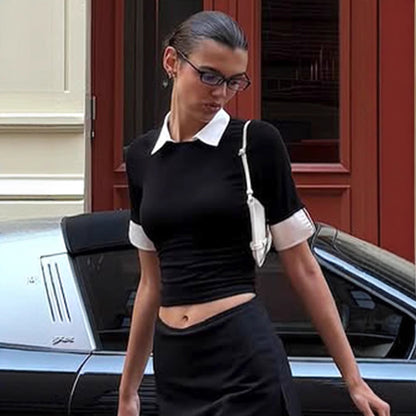 Unique Design Collared Color Matching Short Siren Faux Two Piece Half Sleeve T shirt Sexy Simple Knitting Top