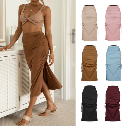 Slit Knitted Slim Skirt Pleated Tie Sexy Sheath Women Clothing Skirt