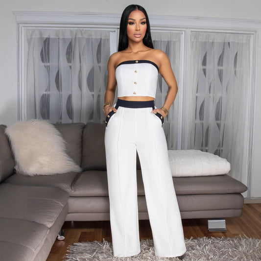Sexy Color Block Corset Decorative Buttons Straight High Waist Wide Leg Women Trousers Set