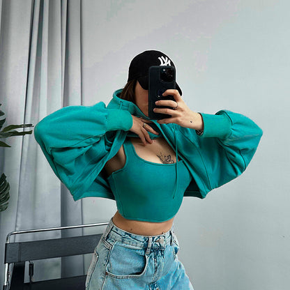 Crop Drawstring Solid Color Hoodie with Tank