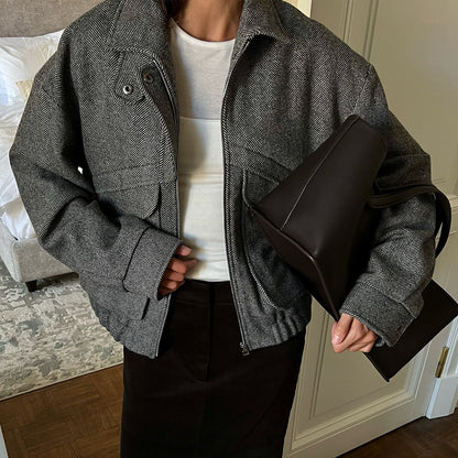 Herringbone Pattern Stand Collar Jacket