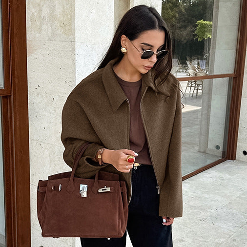 Polo Collar Long Sleeve Zipper Woolen  Casual Women Jacket