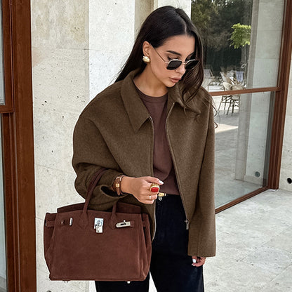 Polo Collar Long Sleeve Zipper Woolen  Casual Women Jacket