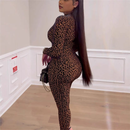 Autumn All Match Stretch Slim Fit Sexy Leopard Print Long Sleeve Jumpsuit for Women