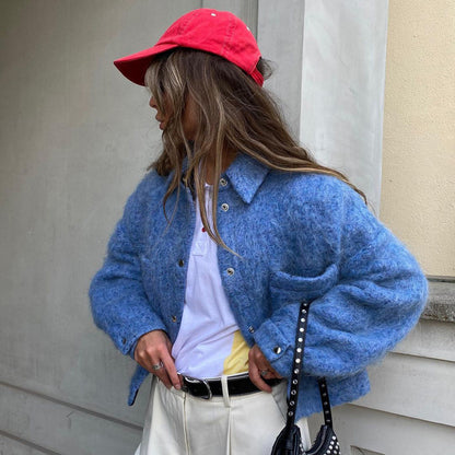 Klein Blue Collared Long Sleeved Woolen Jacket