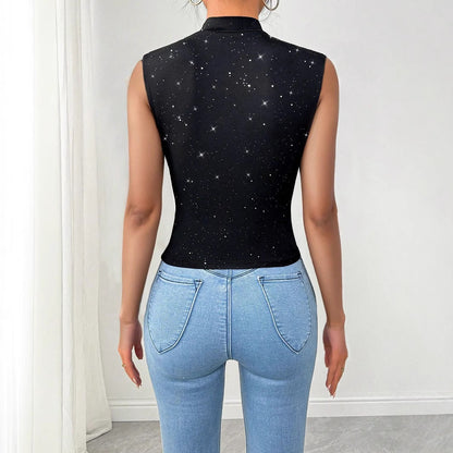 Summer Women V neck Shiny Sequined Decorative Sleeveless Top