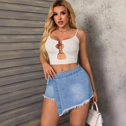 Women Sheath Irregular Asymmetric Denim Shorts