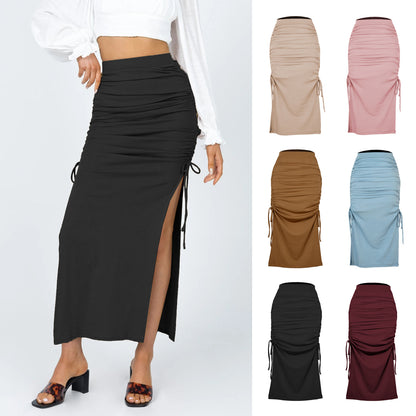 Slit Knitted Slim Skirt Pleated Tie Sexy Sheath Women Clothing Skirt