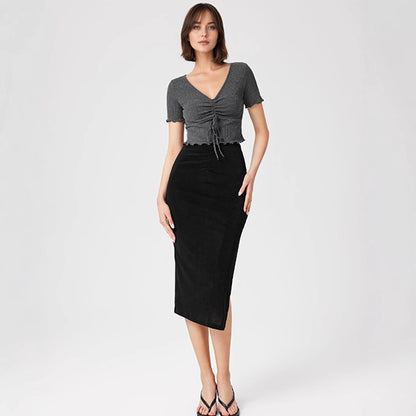 Women Clothing Summer Sexy V neck Drawstring Slimming Short Cropped Outfit Sexy Short Sleeve T shirt Top