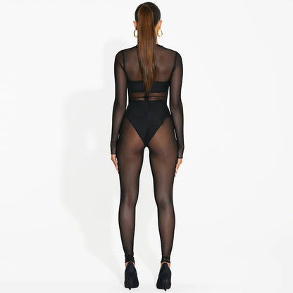 Long Sleeve Mesh Trousers Autumn Women Clothing Sexy See through Jumpsuit